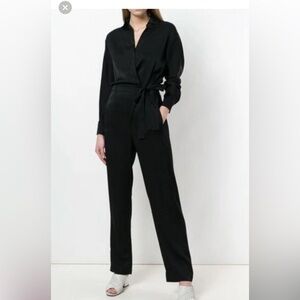 Vince jumpsuit cross front collared tie waist size M medium black silky chic EUC